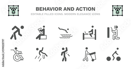 set of behavior and action filled icons. behavior and action glyph icons such as stick man reading, headfirst to water, laptop chatting on bed, man welding, man on wheelchair, on wheelchair,