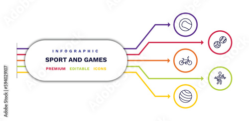 set of sport and games thin line icons. sport and games outline icons with infographic template. linear icons such as tennis sport ball, race bike, gym ball, balls, excercise vector.