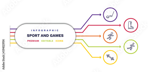 set of sport and games thin line icons. sport and games outline icons with infographic template. linear icons such as equipment, man sprinting, weighted bars, ski boots, ice skating man vector.