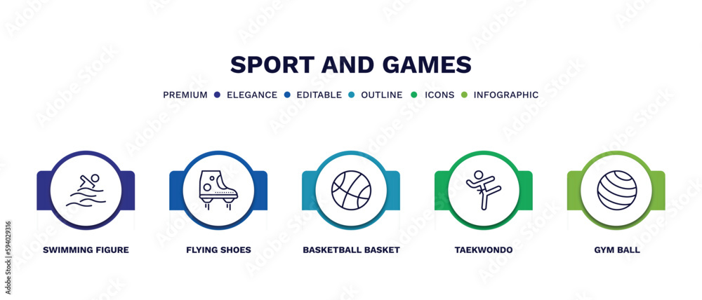 set of sport and games thin line icons. sport and games outline icons with infographic template. linear icons such as swimming figure, flying shoes, basketball basket, taekwondo, gym ball vector. set of sport and games thin line icons. sport and games outline icons with infographic template. linear icons such as swimming figure, flying shoes, basketball basket, taekwondo, gym ball vector.