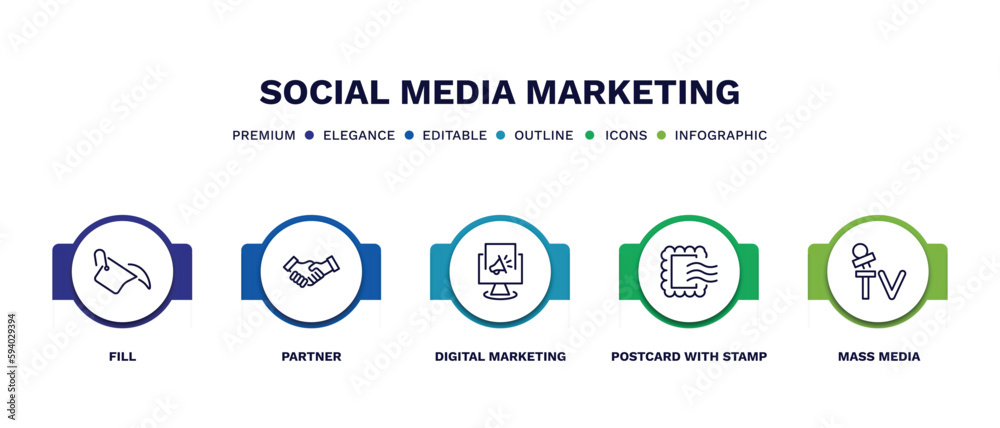set of social media marketing thin line icons. social media marketing outline icons with infographic template. linear icons such as fill, partner, digital marketing, postcard with stamp, mass media set of social media marketing thin line icons. social media marketing outline icons with infographic template. linear icons such as fill, partner, digital marketing, postcard with stamp, mass media