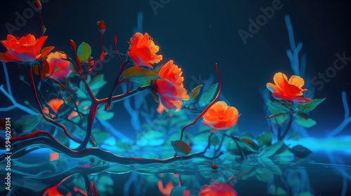 3D neon world  spring  a beautiful neon world with lots of colorful flowers and mountains  magical neon world children playing  neon spring flowers and forest
