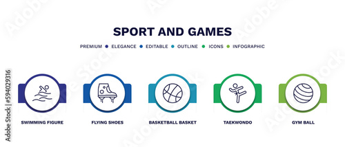 set of sport and games thin line icons. sport and games outline icons with infographic template. linear icons such as swimming figure, flying shoes, basketball basket, taekwondo, gym ball vector.