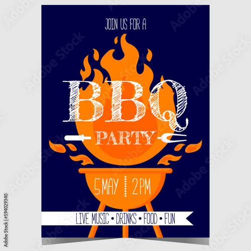 BBQ party invitation for outdoor picnic and steak cooking on the flame of a grill. Barbecue party poster or banner for grill time weekend with friends and family. Ready to print vector illustration.