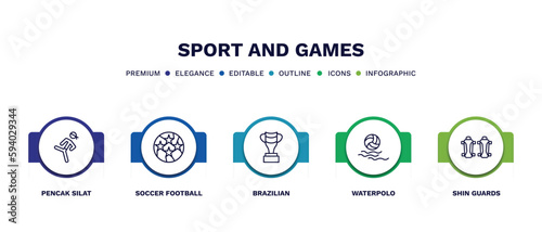 set of sport and games thin line icons. sport and games outline icons with infographic template. linear icons such as pencak silat, soccer football ball, brazilian, waterpolo, shin guards vector.