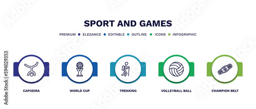 set of sport and games thin line icons. sport and games outline icons with infographic template. linear icons such as capoeira, world cup, trekking, volleyball ball, champion belt vector.
