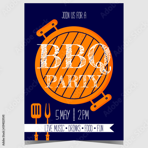 Barbecue party poster or banner with a grill or brazier on background. Vector BBQ party invitation for friends and family for an outdoor picnic to cook the beef or pork steak on a grill or grate.