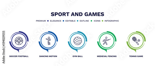 set of sport and games thin line icons. sport and games outline icons with infographic template. linear icons such as soccer football ball, dancing motion, gym ball, medieval fencing, tennis game