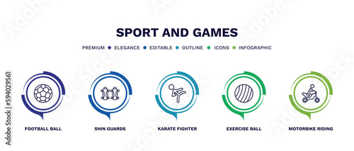 set of sport and games thin line icons. sport and games outline icons with infographic template. linear icons such as football ball, shin guards, karate fighter, exercise ball, motorbike riding