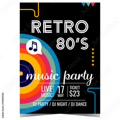 Retro music party invitation and promotion banner or poster with retro colored vinyl record player on black background suitable for old-school eighties music events and 80's concert and festival.