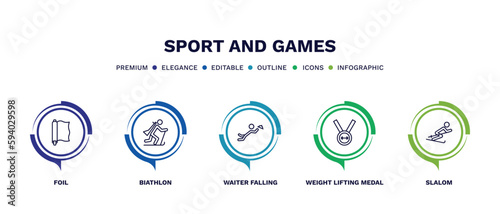 set of sport and games thin line icons. sport and games outline icons with infographic template. linear icons such as foil, biathlon, waiter falling, weight lifting medal, slalom vector.