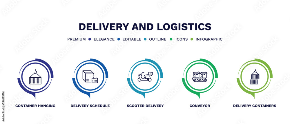 set of delivery and logistics thin line icons. delivery and logistics outline icons with infographic template. linear icons such as container hanging, delivery schedule, scooter conveyor, containers