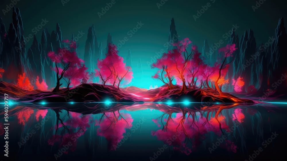 3D neon world, spring, a beautiful neon world with lots of colorful flowers and mountains, magical neon world children playing, neon spring flowers and forest