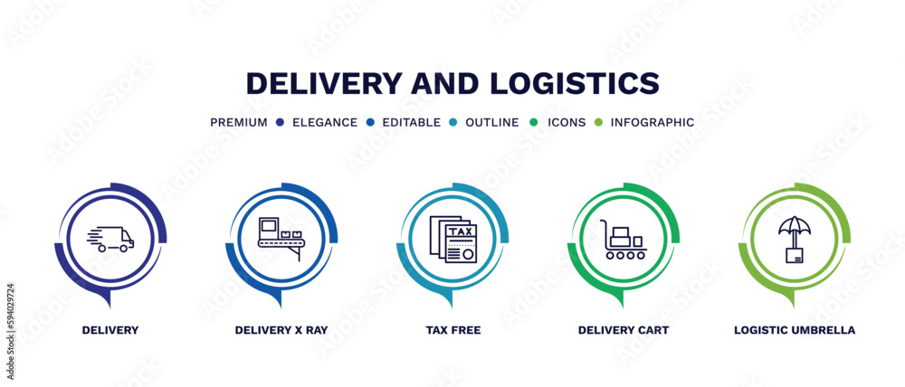 set of delivery and logistics thin line icons. delivery and logistics outline icons with infographic template. linear icons such as delivery, x ray, tax free, cart, logistic umbrella vector. set of delivery and logistics thin line icons. delivery and logistics outline icons with infographic template. linear icons such as delivery, x ray, tax free, cart, logistic umbrella vector.