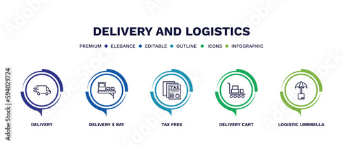 set of delivery and logistics thin line icons. delivery and logistics outline icons with infographic template. linear icons such as delivery, x ray, tax free, cart, logistic umbrella vector.