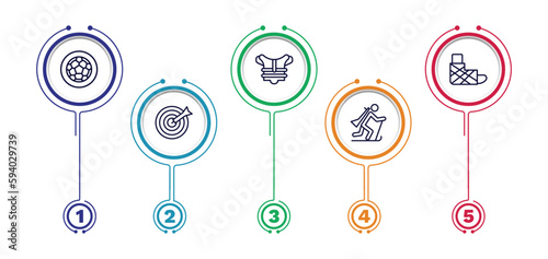 set of sport and games thin line icons. sport and games outline icons with infographic template. linear icons such as football ball circular, chest guard, sprained ankle, dartboard with dart,