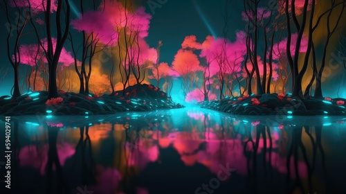3D neon world, spring, a beautiful neon world with lots of colorful flowers and mountains, magical neon world children playing, neon spring flowers and forest