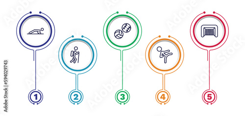 set of sport and games thin line icons. sport and games outline icons with infographic template. linear icons such as man doing pushups, balls, hockey goal, trekking, karate fighter vector.
