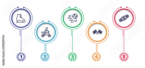 set of sport and games thin line icons. sport and games outline icons with infographic template. linear icons such as ice skating, home run, champion belt, motorbike riding, chequered flag vector.