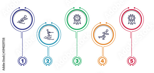 set of sport and games thin line icons. sport and games outline icons with infographic template. linear icons such as slalom, golden medal, second prize, jet surfing, ice skating man vector.