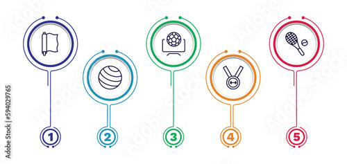 set of sport and games thin line icons. sport and games outline icons with infographic template. linear icons such as foil, football channel, tennis game, gym ball, weight lifting medal vector.