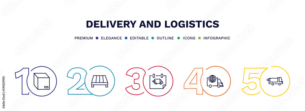set of delivery and logistics thin line icons. delivery and logistics outline icons with infographic template. linear icons such as box, pallet, delivery day, logistic, shipping vector. set of delivery and logistics thin line icons. delivery and logistics outline icons with infographic template. linear icons such as box, pallet, delivery day, logistic, shipping vector.