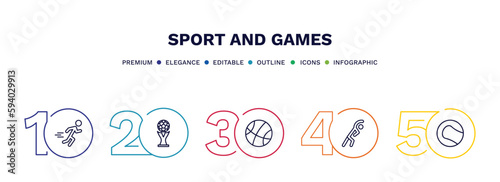 set of sport and games thin line icons. sport and games outline icons with infographic template. linear icons such as excersice, world cup, basketball basket, stretching, tennis sport ball vector.