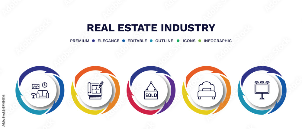 set of real estate industry thin line icons. real estate industry outline icons with infographic template. linear icons such as house decoration, technical drawing, sold, bedroom, billboard vector. set of real estate industry thin line icons. real estate industry outline icons with infographic template. linear icons such as house decoration, technical drawing, sold, bedroom, billboard vector.