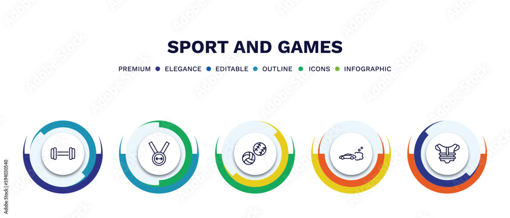 set of sport and games thin line icons. sport and games outline icons with infographic template. linear icons such as gym weight, weight lifting medal, balls, drift car, chest guard vector. set of sport and games thin line icons. sport and games outline icons with infographic template. linear icons such as gym weight, weight lifting medal, balls, drift car, chest guard vector.