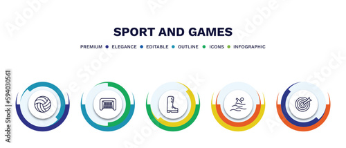set of sport and games thin line icons. sport and games outline icons with infographic template. linear icons such as volleyball ball, hockey goal, ski boots, swimming figure, dartboard with dart
