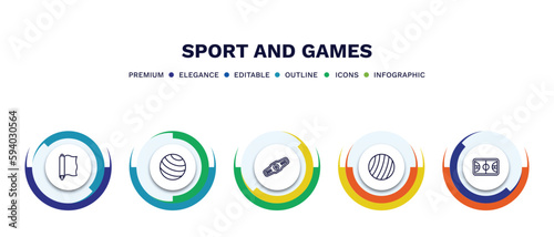 set of sport and games thin line icons. sport and games outline icons with infographic template. linear icons such as foil, gym ball, champion belt, exercise ball, basketball court vector.