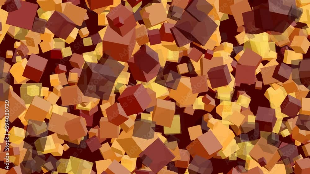 On a dark red background, red, yellow and orange cubes appear and disappear. Abstract, animated 3D background. On a dark red background, red, yellow and orange cubes appear and disappear. Abstract, animated 3D background.