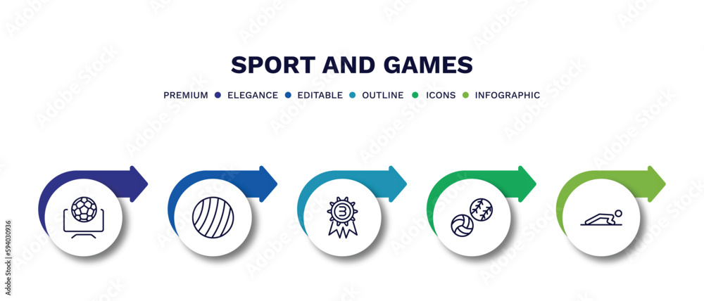 set of sport and games thin line icons. sport and games outline icons with infographic template. linear icons such as football channel, exercise ball, third, balls, man doing pushups vector.
