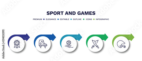 set of sport and games thin line icons. sport and games outline icons with infographic template. linear icons such as golden medal, flying shoes, waterpolo, saber, baseball helmet vector.