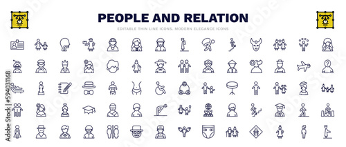 set of people and relation thin line icons. people and relation outline icons such as identification ard, throat, female doctor, psychology, serve, kidnapping, spanish man, bohemian, qiyam vector.