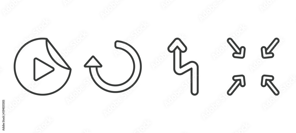 set of user interface thin line icons. user interface outline icons included video play, refresh left arrow, left reverse curve, exit full screen arrows vector. set of user interface thin line icons. user interface outline icons included video play, refresh left arrow, left reverse curve, exit full screen arrows vector.