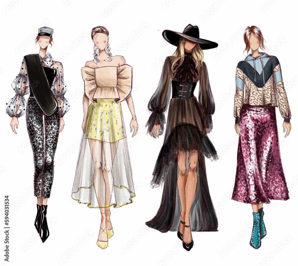 women in trendy clothes walking on fashion show. colourful isolated illustration for beauty blog, magazine or shop