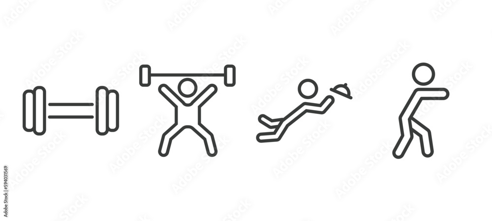 set of sport and games thin line icons. sport and games outline icons included gym weight, weight lifting, waiter falling, man punching vector.