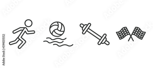set of sport and games thin line icons. sport and games outline icons included man sprinting, waterpolo, weighted bars, chequered flag vector.