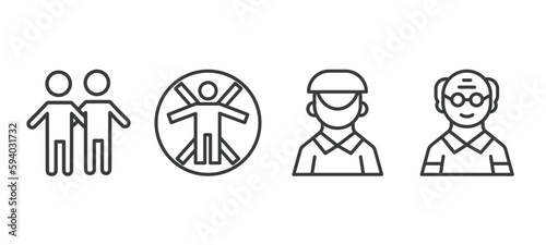 set of people and relation thin line icons. people and relation outline icons included friends, vitruvian man, dutch, old man vector.