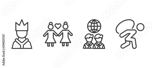 set of people and relation thin line icons. people and relation outline icons included emperor, lesbian couple, business partnership, burden vector.
