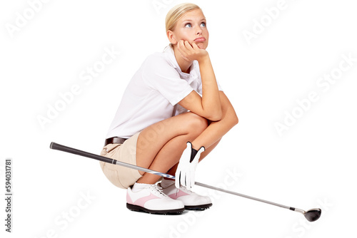 Fototapeta Golf, thinking and bored woman with club for sports activity or kneeling thoughtful