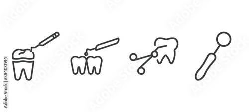 set of dental health thin line icons. dental health outline icons included tooth filling, interproximal, tooth extraction, dentist mirror vector.