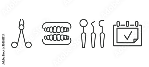 set of dental health thin line icons. dental health outline icons included dentist scissors, dentures, dentist tools, examination vector.