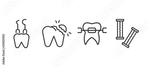 set of dental health thin line icons. dental health outline icons included dental hook, broken tooth, brackets, chewing gum vector.