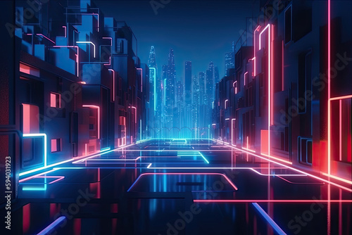 Abstract concept of the urban street at night, red blue neon city, background with geometric shapes and glowing lights, AI Generative