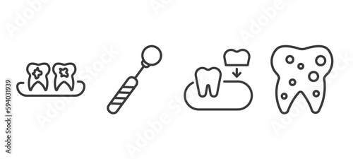 set of dental health thin line icons. dental health outline icons included plaque, mouth mirror, partial denture, inner tooth vector.