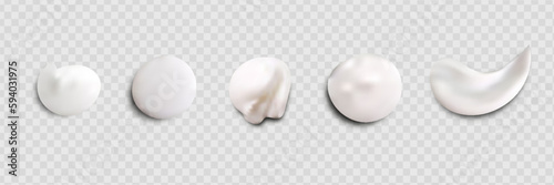 Realistic set of vector strokes of cosmetic cream. Smears of cosmetic white skin cream of various shapes and sizes, isolated on a transparent background. Top view