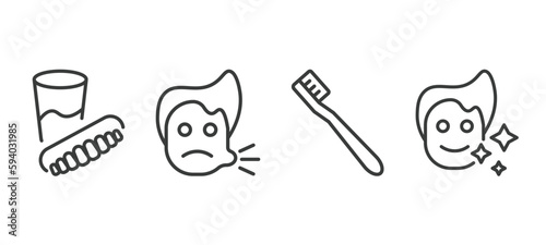 set of dental health thin line icons. dental health outline icons included denture, sick boy, toothbrushes, healthy boy vector.