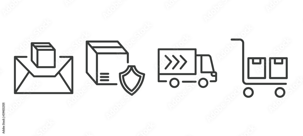 Obraz premium set of delivery and logistics thin line icons. delivery and logistics outline icons included air mail, delivery shield, truck, package on trolley vector.